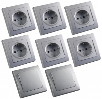 DELPHI silber Starter-Kit, 8-teilig, 6x Steckdose, 2x Schalter, inkl. Rahmen